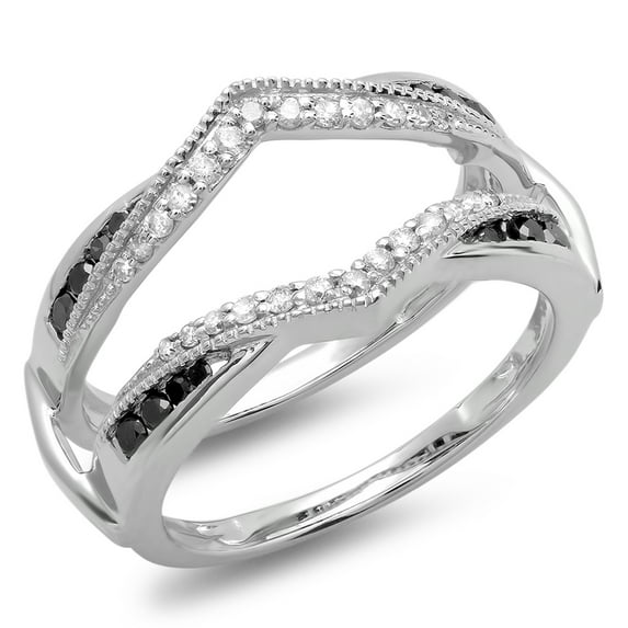 Dazzlingrock Collection 0.50 Carat (ctw) 10K Black & White Diamond Ladies Wedding Guard Double Ring 1/2 CT, White Gold, Size 5