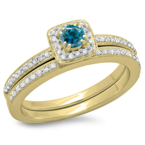 Dazzlingrock Collection 0.50 Carat (ctw) 10K Blue & White Diamond Bridal Halo Engagement Ring Set 1/2 CT, Yellow Gold, Size 6.5