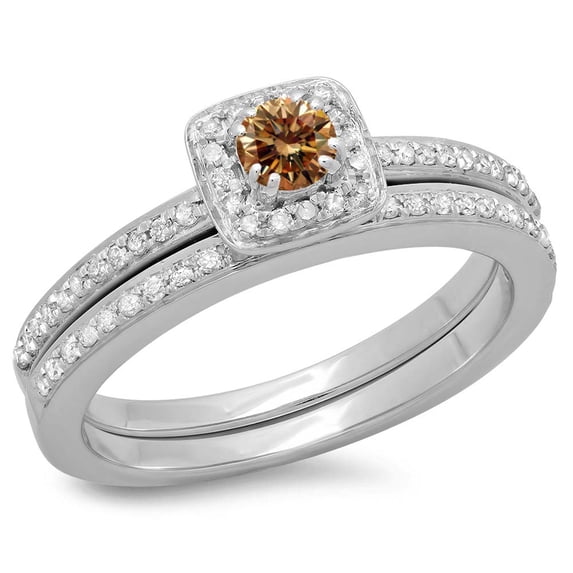 Dazzlingrock Collection 0.50 Carat (ctw) 10K Champagne & White Diamond Halo Engagement Ring Set 1/2 CT, White Gold, Size 6