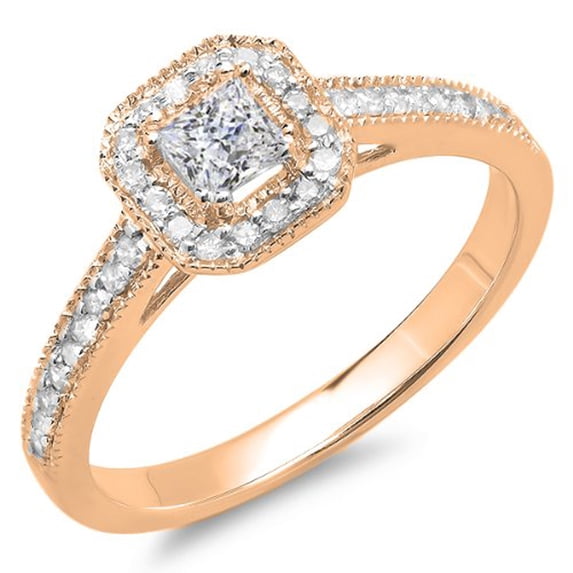 Dazzlingrock Collection 0.50 Carat (ctw) 10K Princess & Round Diamond Halo Bridal Engagement Ring 1/2 CT, Rose Gold, Size 4