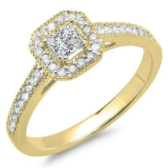 Dazzlingrock Collection 0.50 Carat (ctw) 10K Princess & Round Diamond Halo Style Engagement Ring 1/2 CT, Yellow Gold, Size 6.5