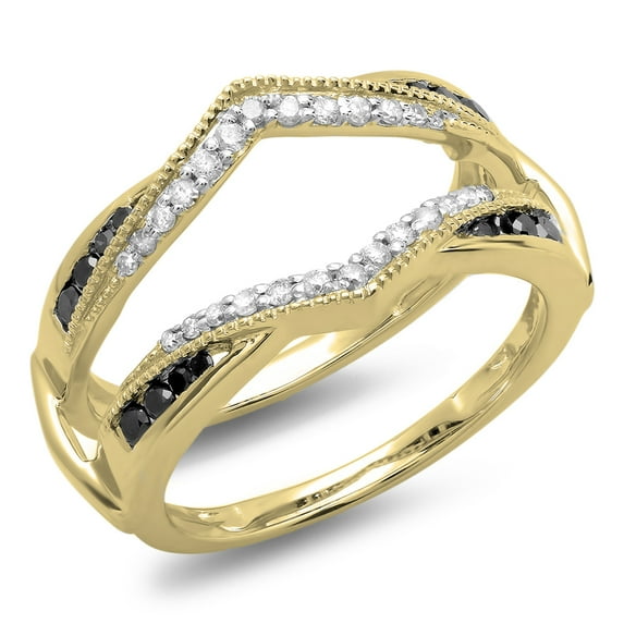 Dazzlingrock Collection 0.50 Carat (ctw) 10K Round Black & White Diamond Wedding Guard Double Ring 1/2 CT, Yellow Gold, Size 5