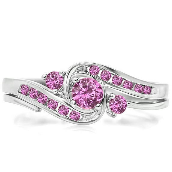 Dazzlingrock Collection 0.50 Carat (ctw) 10K Round Pink Sapphire Swirl Bridal Engagement Ring Set 1/2 CT, White Gold, Size 7