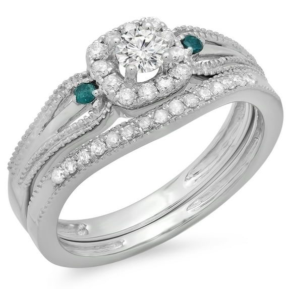 Dazzlingrock Collection 0.50 Carat (ctw) 10K Round White & Blue Diamond Ladies Halo Bridal Ring Set 1/2 CT, White Gold, Size 5.5