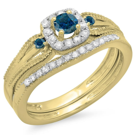 Dazzlingrock Collection 0.50 Carat (ctw) 10K White & Blue Diamond Halo Bridal Engagement Ring Set 1/2 CT, Yellow Gold, Size 5.5