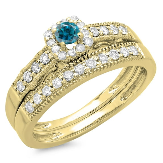 Dazzlingrock Collection 0.50 Carat (ctw) 10K White & Blue Diamond Halo Engagement Bridal Ring Set 1/2 CT, Yellow Gold, Size 8