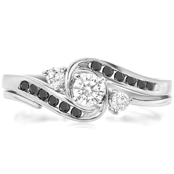 Dazzlingrock Collection 0.50 Carat (ctw) 10k Round Black And White Diamond Ladies Swirl Bridal Engagement Ring Matching Band Set 1/2 CT, White Gold, Size 8