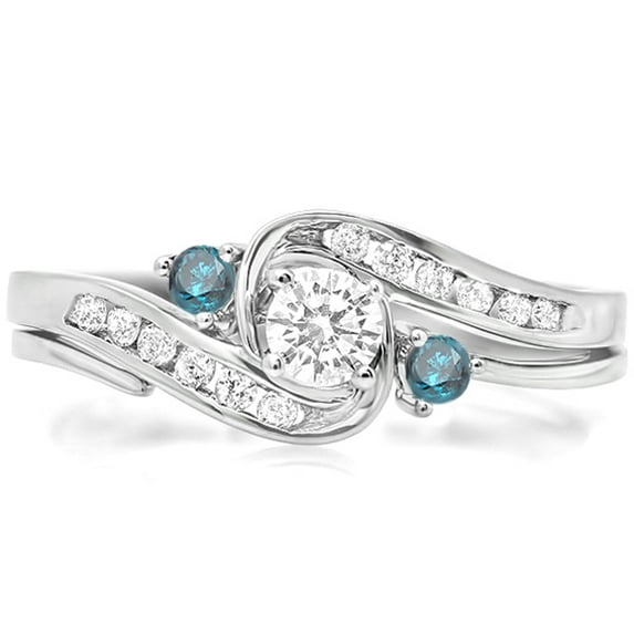 Dazzlingrock Collection 0.50 Carat (ctw) 10k Round Blue And White Diamond Ladies Swirl Bridal Engagement Ring Matching Band Set 1/2 CT, White Gold, Size 6
