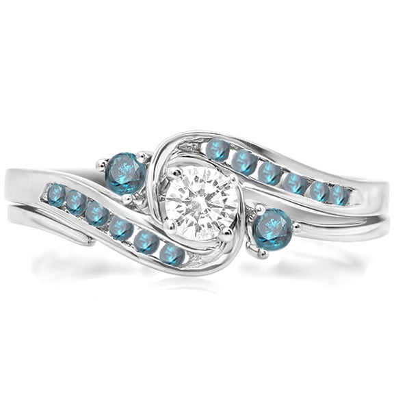 Dazzlingrock Collection 0.50 Carat (ctw) 10k Round Blue And White Diamond Ladies Swirl Bridal Engagement Ring Matching Band Set 1/2 CT, White Gold, Size 7