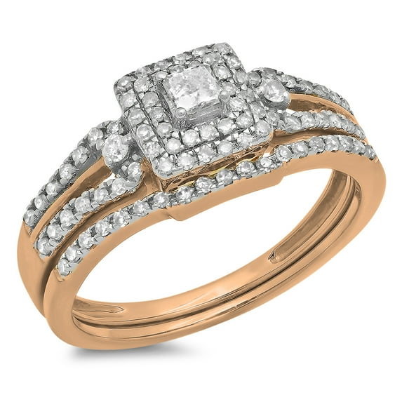 Dazzlingrock Collection 0.50 Carat (ctw) 10k Round & Princess Diamond Ladies Bridal Engagement Ring Matching Band Set 1/2 CT, Rose Gold, Size 5.5