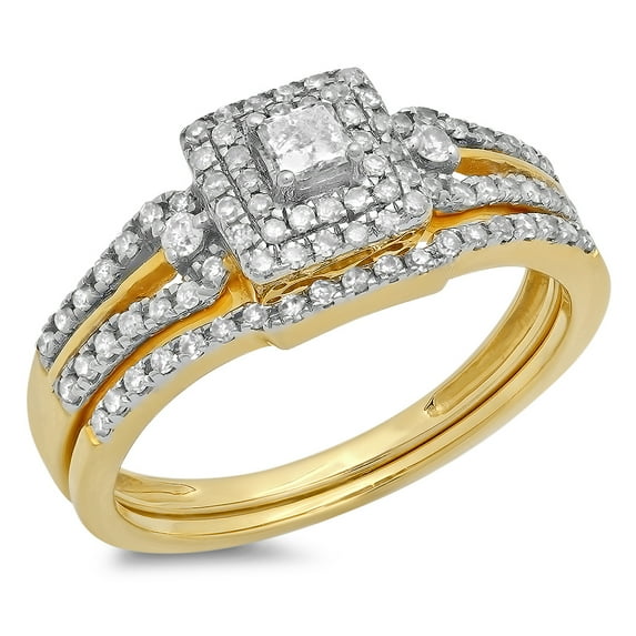 Dazzlingrock Collection 0.50 Carat (ctw) 10k Round & Princess Diamond Ladies Bridal Engagement Ring Matching Band Set 1/2 CT, Yellow Gold, Size 5