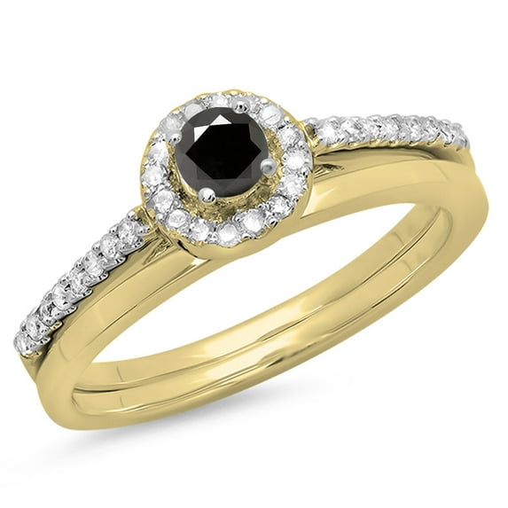 Dazzlingrock Collection 0.50 Carat (ctw) 14K Black & White Diamond Bridal Engagement Halo Ring Set 1/2 CT, Yellow Gold, Size 9