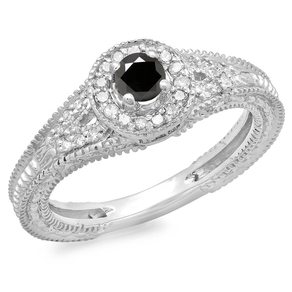 Dazzlingrock Collection 0.50 Carat (ctw) 14K Black & White Diamond Vintage Halo Engagement Ring 1/2 CT, White Gold, Size 5