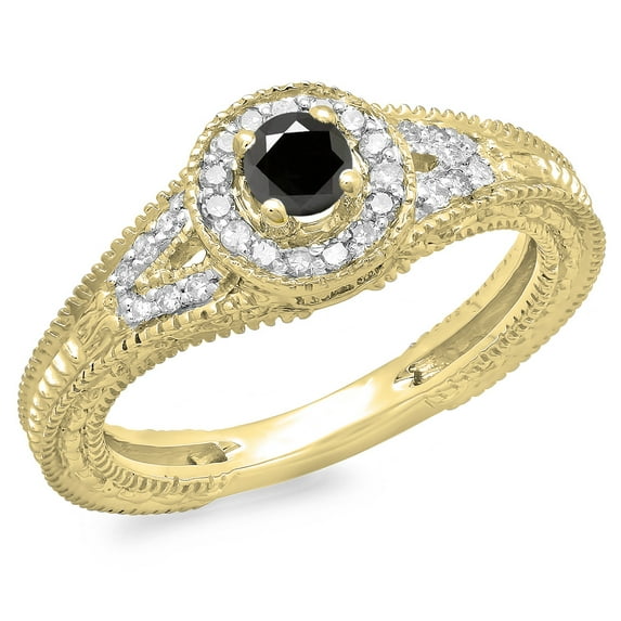 Dazzlingrock Collection 0.50 Carat (ctw) 14K Black & White Diamond Vintage Halo Engagement Ring 1/2 CT, Yellow Gold, Size 6.5