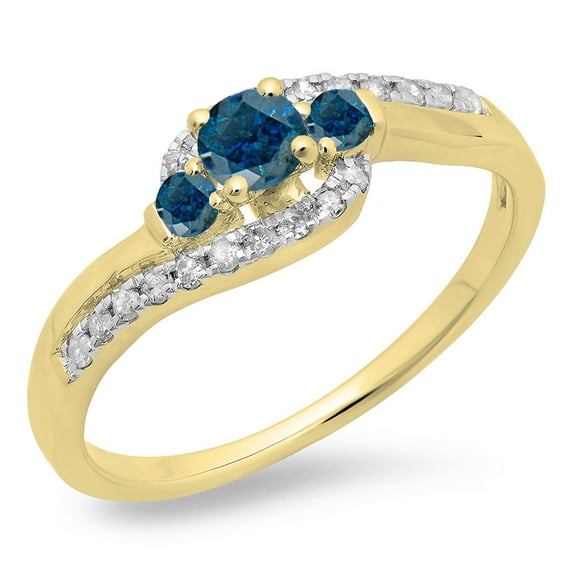 Dazzlingrock Collection 0.50 Carat (ctw) 14K Blue & White Diamond Bypass 3 Stone Engagement Ring 1/2 CT, Yellow Gold, Size 9.5