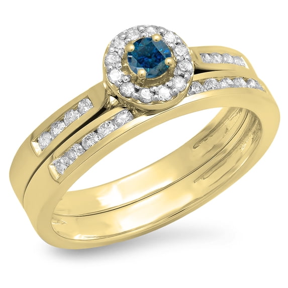Dazzlingrock Collection 0.50 Carat (ctw) 14K Blue & White Diamond Halo Bridal Engagement Ring Set 1/2 CT, Yellow Gold, Size 9.5
