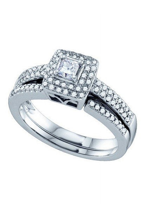 Collection 0.50 Carat (ctw) 14K Diamond 0.20 ct Center Princes Engagement Bridal Set, White Gold, Size 7