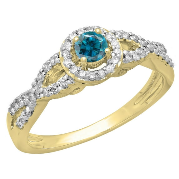 Dazzlingrock Collection 0.50 Carat (ctw) 14K Round Blue & White Diamond Swirl Halo Engagement Ring 1/2 CT, Yellow Gold, Size 7.5
