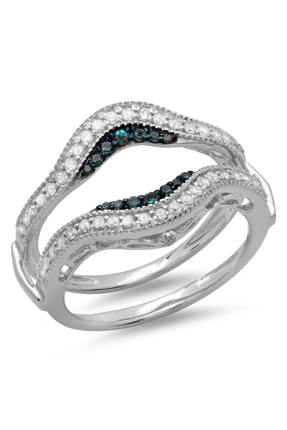 Collection 0.50 Carat (ctw) 14K Round Blue & White Diamond Wedding Guard Double Ring 1/2 CT, White Gold, Size 8