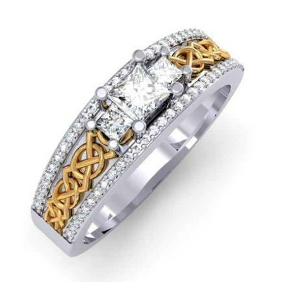 Dazzlingrock Collection 0.50 Carat (ctw) 14K Two Tone Gold Princess And Round Diamond 3 Stone Engagement Ring 1/2 CT, Size 6