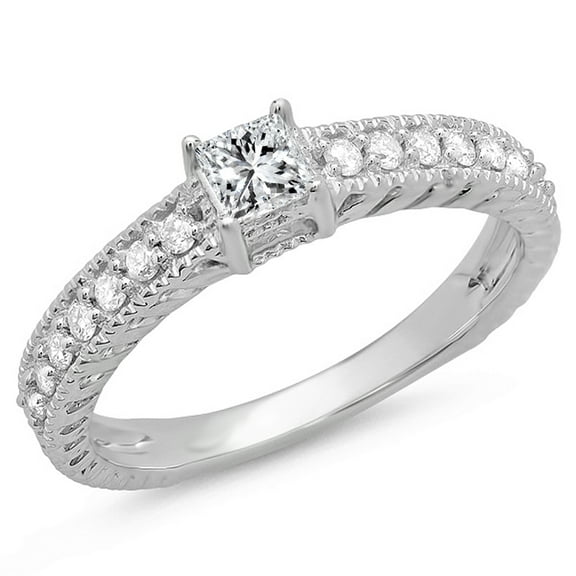 Dazzlingrock Collection 0.50 Carat (ctw) 14k Princess and Round Diamond Ladies Solitaire With Accents Bridal Engagement Ring 1/2 CT, White Gold, Size 7