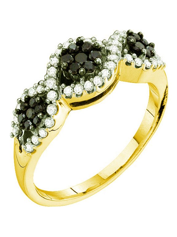 Collection 0.50 Carat (ctw) 14k Round Black & White Diamond Ladies Right Hand Cluster Flower Band, Yellow Gold