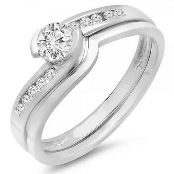 Dazzlingrock Collection 0.50 Carat (ctw) 14k Round Diamond Ladies Bridal Engagement Ring Set Matching Band 1/2 CT, White Gold, Size 8