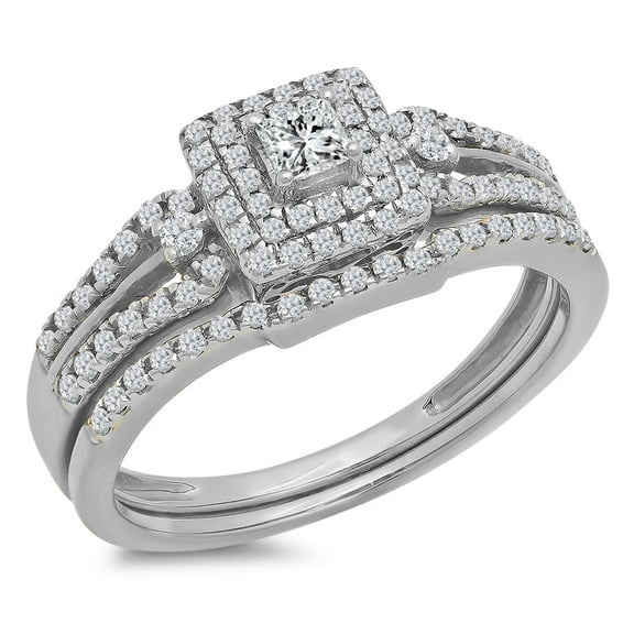 Dazzlingrock Collection 0.50 Carat (ctw) 14k Round & Princess Diamond Ladies Bridal Engagement Ring Matching Band Set 1/2 CT, White Gold, Size 5