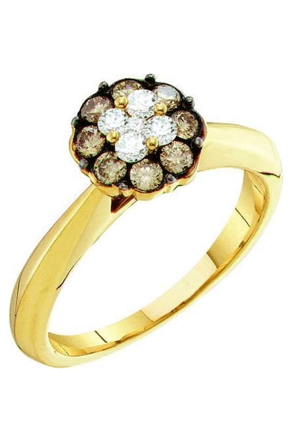 Collection 0.50 Carat (ctw) 14k Round White & Cognac Diamond Bridal Cluster Right Hand Ring 1/2 CT, Yellow Gold