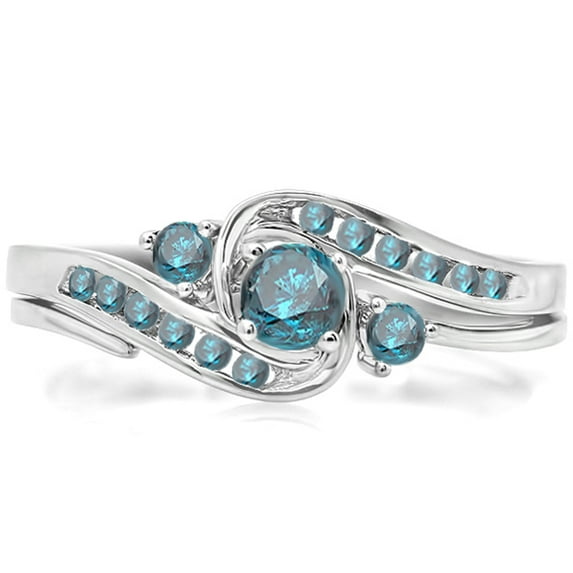 Dazzlingrock Collection 0.50 Carat (ctw) 18k Round Blue Diamond Swirl Engagement Ring Matching Band Set, White Gold, Size 6