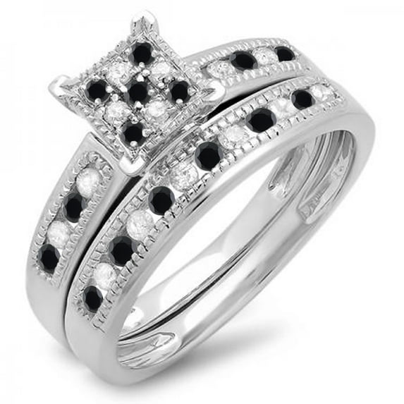 Dazzlingrock Collection 0.50 Carat (ctw) Sterling Silver Round Black & White Diamond Engagement Bridal Ring Set 1/2 CT, Size 6