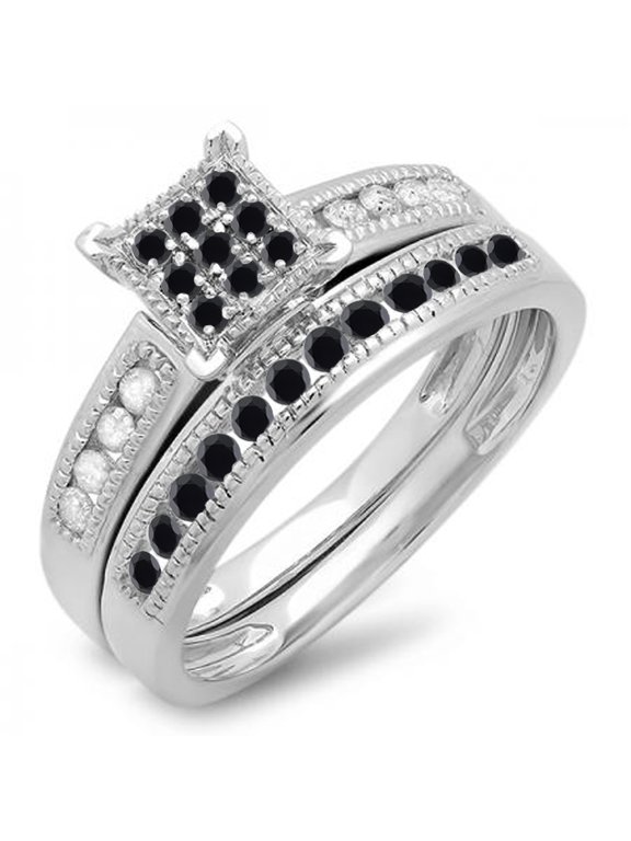 Collection 0.50 Carat (ctw) Sterling Silver Round Black & White Diamond Engagement Bridal Ring Set 1/2 CT, Size 9
