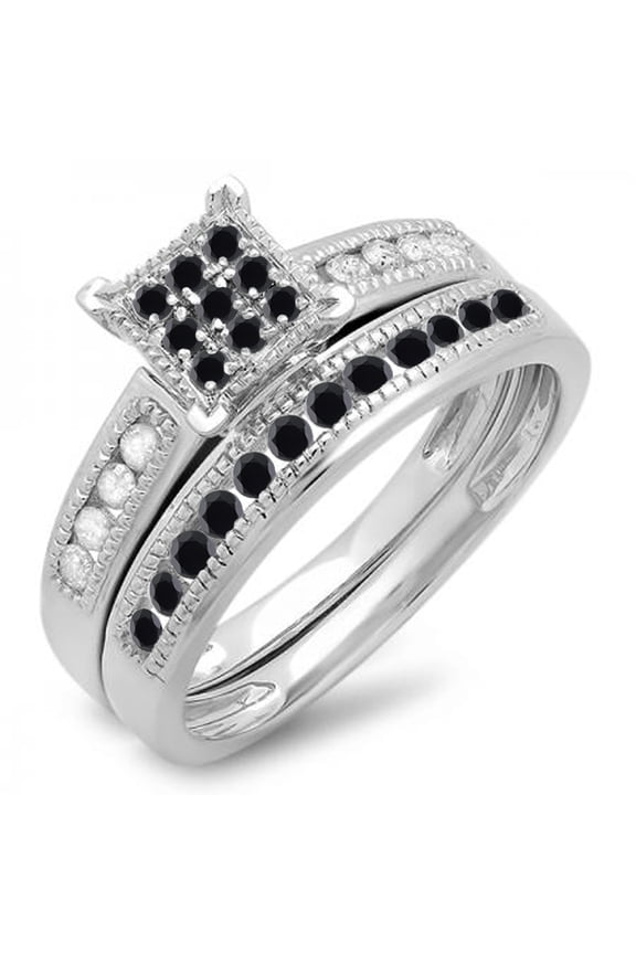 Collection 0.50 Carat (ctw) Sterling Silver Round Black & White Diamond Engagement Bridal Ring Set 1/2 CT, Size 9