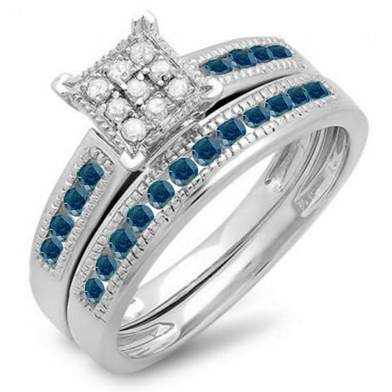 Dazzlingrock Collection 0.50 Carat (ctw) Sterling Silver Round Blue & White Diamond Engagement Bridal Ring Set 1/2 CT, Size 5.5
