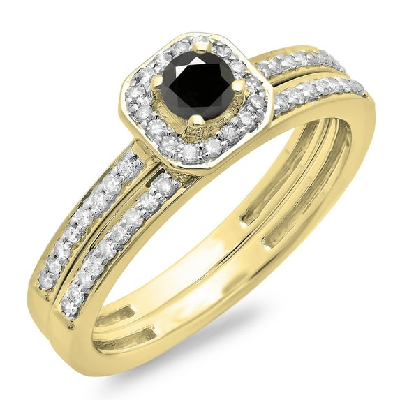 Dazzlingrock Collection 0.55 Carat (ctw) 14K Black & White Diamond Halo Engagement Bridal Ring Set 1/2 CT, Yellow Gold, Size 8.5