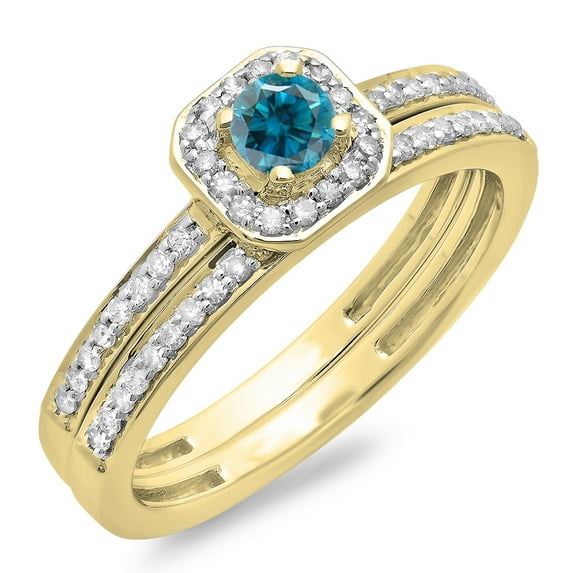 Dazzlingrock Collection 0.55 Carat (ctw) 14K Blue & White Diamond Halo Engagement Bridal Ring Set 1/2 CT, Yellow Gold, Size 6