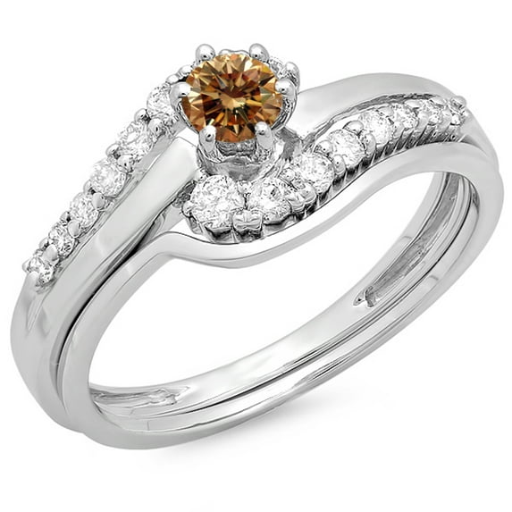 Dazzlingrock Collection 0.55 Carat (ctw) 14K Champagne & White Diamond Twisted Engagement Ring Set 1/2 CT, White Gold, Size 10