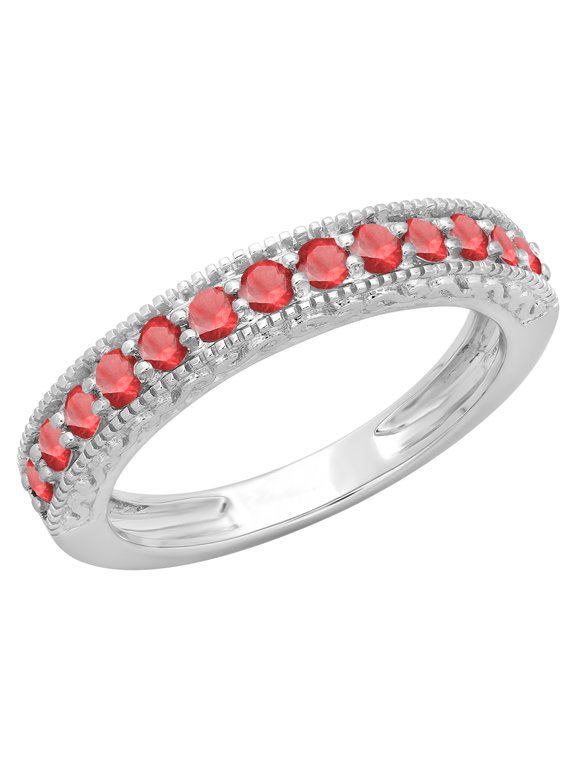 Collection 0.55 Carat (ctw) 14K Round Red Ruby Ladies Millgrain Wedding Stackable Band 1/2 CT, White Gold, Size 7.5