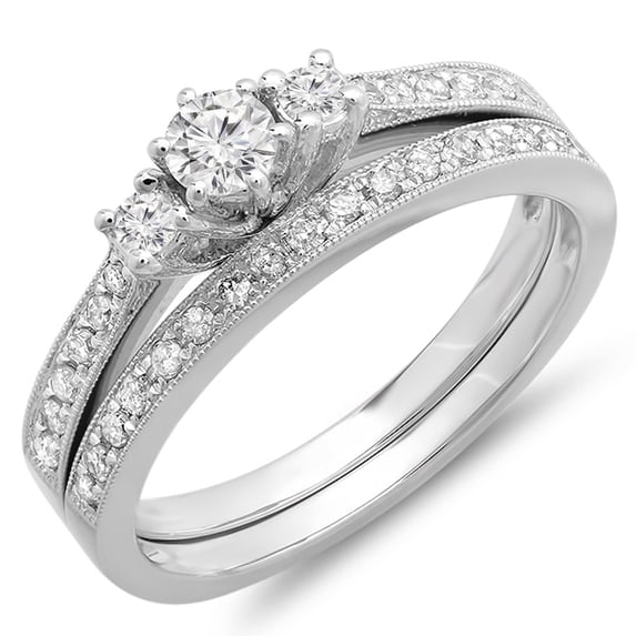 Dazzlingrock Collection 0.55 Carat (ctw) 14k Round Diamond Ladies 3 Stone Engagement Ring Matching Wedding Band Set, White Gold