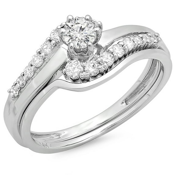 Dazzlingrock Collection 0.55 Carat (ctw) 14k Round Diamond Ladies Twisted Style Bridal Engagement Ring With Matching Band Set 1/2 CT, White Gold, Size 7.5