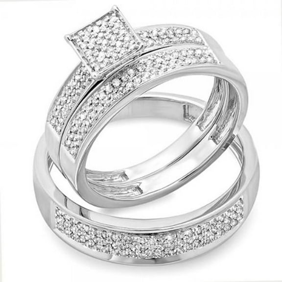 Dazzlingrock Collection 0.55 Carat (ctw) Round White Diamond Men's & Women's Micro Pave Engagement Ring Trio Bridal Set, Sterling Silver