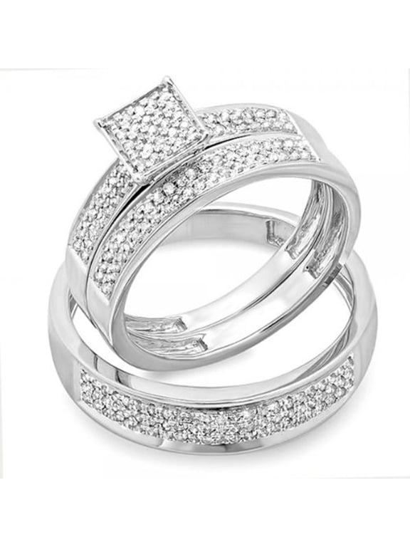 Collection 0.55 Carat (ctw) Round White Diamond Men's & Women's Micro Pave Engagement Ring Trio Bridal Set, Sterling Silver