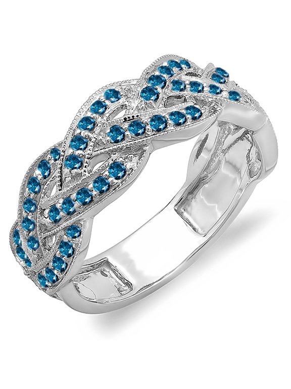 Collection 0.58 Carat (ctw) 14k Round Blue Diamond Ladies Anniversary Wedding Matching Band Stackable Swirl Ring 1/2 CT, White Gold, Size 7