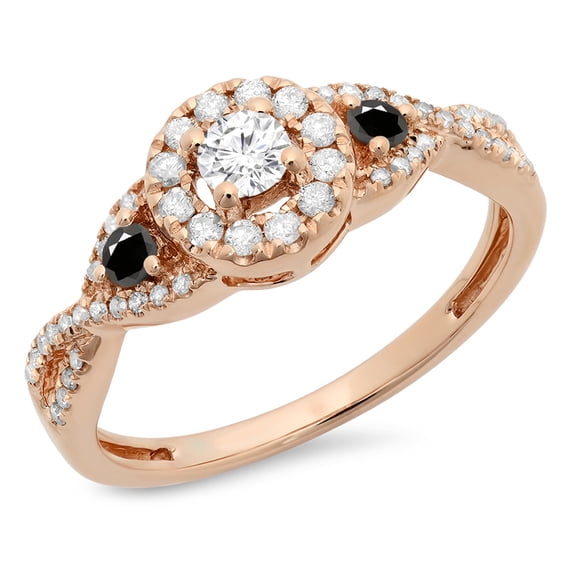 Dazzlingrock Collection 0.60 Carat (ctw) 10K Black & White Diamond 3 Stone Halo Bridal Engagement Ring, Rose Gold, Size 8.5