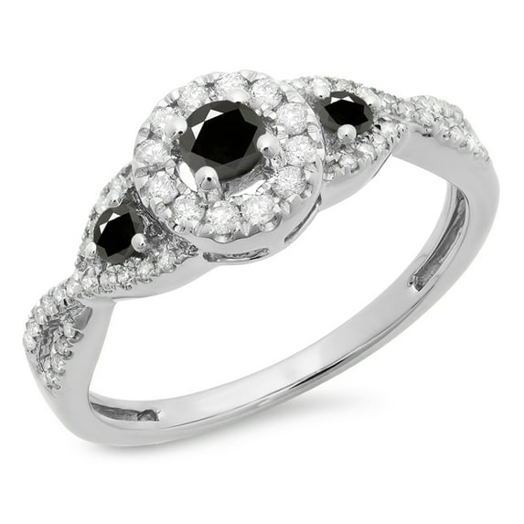 Dazzlingrock Collection 0.60 Carat (ctw) 10K Black & White Diamond 3 Stone Halo Bridal Engagement Ring, White Gold, Size 5