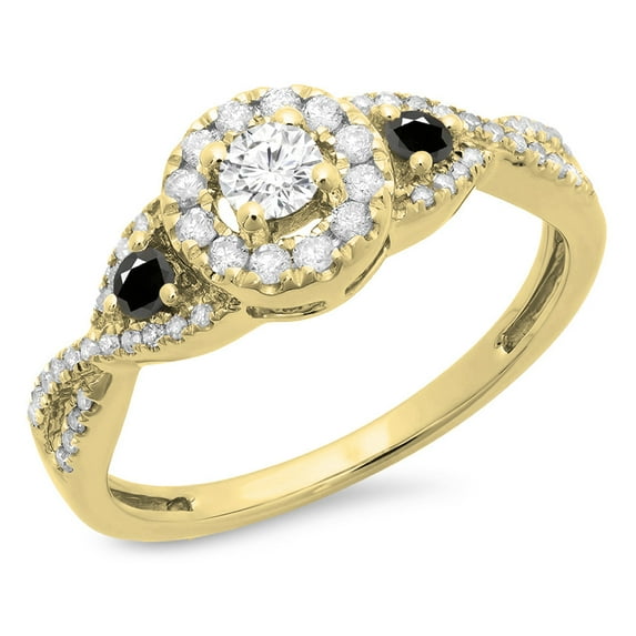 Dazzlingrock Collection 0.60 Carat (ctw) 10K Black & White Diamond 3 Stone Halo Bridal Engagement Ring, Yellow Gold, Size 6