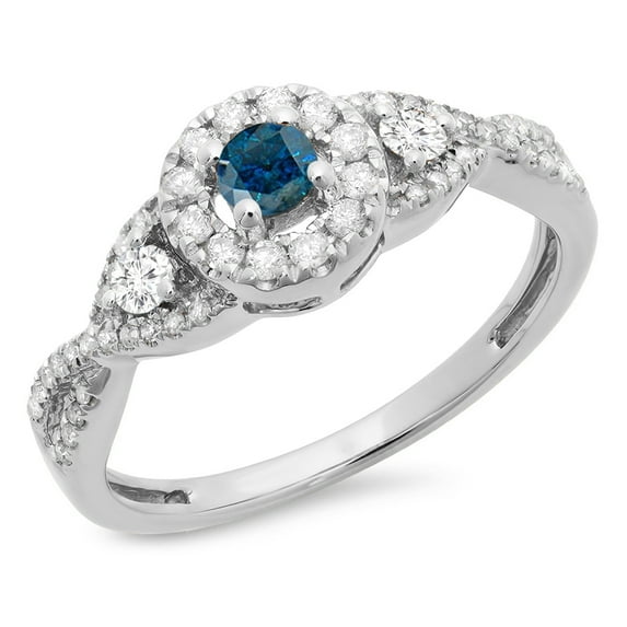 Dazzlingrock Collection 0.60 Carat (ctw) 10K Blue & White Diamond 3 Stone Halo Bridal Engagement Ring, White Gold, Size 8.5