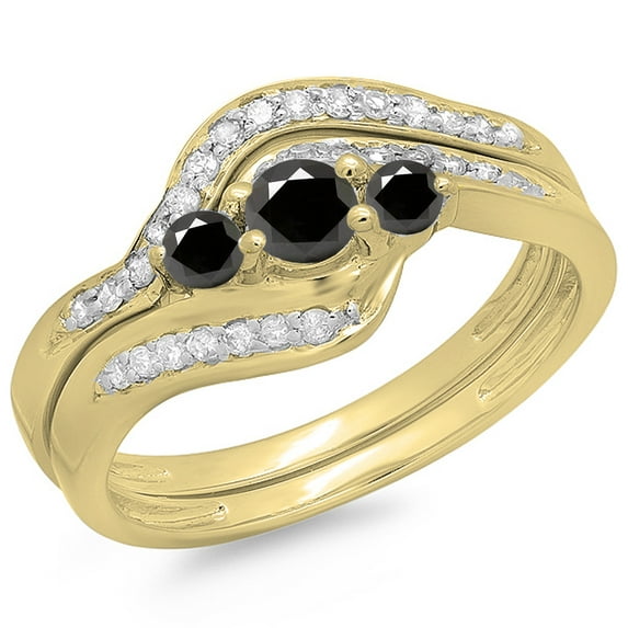 Dazzlingrock Collection 0.60 Carat (ctw) 14K Black And White Diamond Swirl 3 Stone Engagement Ring Set, Yellow Gold, Size 8.5