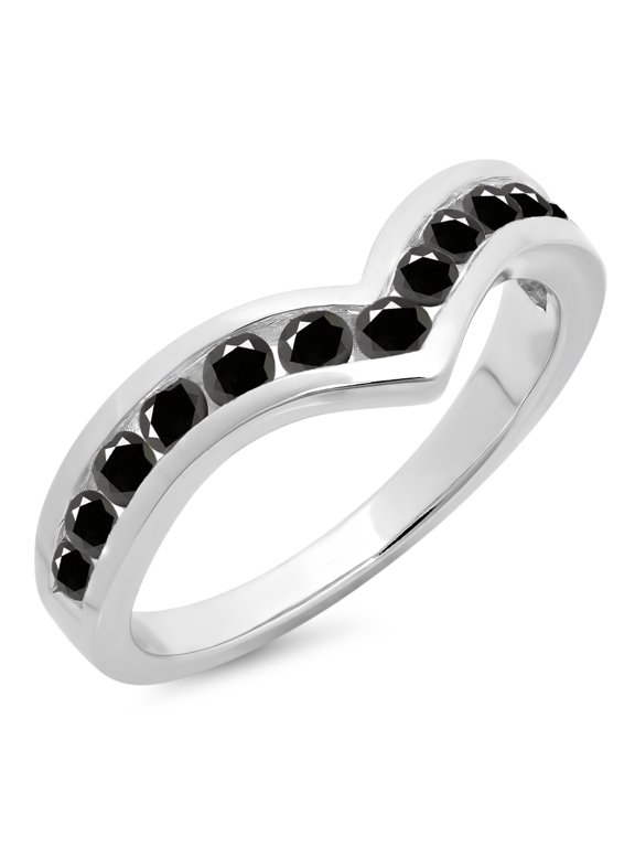 Collection 0.60 Carat (ctw) 14K Black Diamond Wedding Stackable Band Guard Chevron Ring, White Gold, Size 6.5