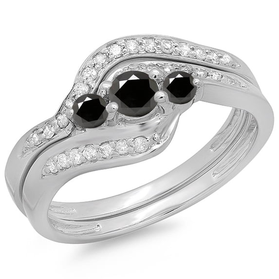 Dazzlingrock Collection 0.60 Carat (ctw) 14K Black & White Diamond Swirl Style 3 Stone Engagement Ring Set, White Gold, Size 5